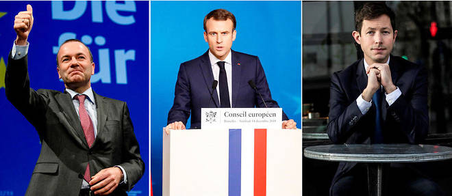 Manfred Weber, president du PPE au Parlement europeeen, Emmanuel Macron, president francais, et Francois-Xavier Bellamy, tete de liste LR aux elections europeennes.