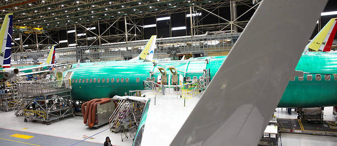 Ligne d'assemblage du Boeing 737 MAX dans l'usine de Renton, aux Etats-Unis. La production de ces appareils est passee de 52 a 42 avions par mois. 