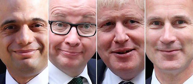 Les 4 derniers pretendants au poste de Premier ministre britannique. Sajid Javid, Michael Gove, Boris Johnson et Jeremy Hunt.