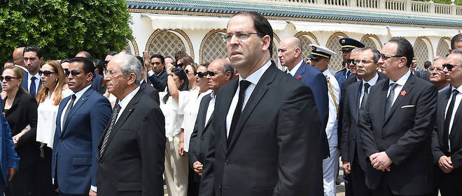 L'actuel chef du gouvernement tunisien Youssef Chahed lors des funerailles du president Beji Caid Essebsi decede le 25 juillet 2019. 