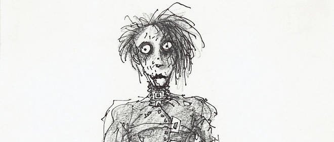 Tim Burton, Sans Titre (Edward aux mains d'argent), 1990.
Plume, encre et crayon sur papier, 36,2 x 22,9 cm.
Visuel presse de l'exposition << TIM BURTON >>.
Collection particuliere.