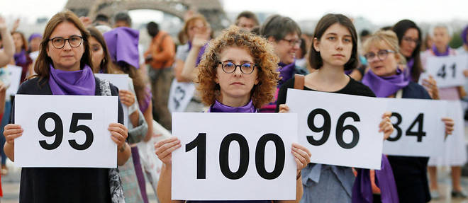 Manifestation pour denoncer le 100e feminicide de 2019, le 1er septembre, a Paris. 