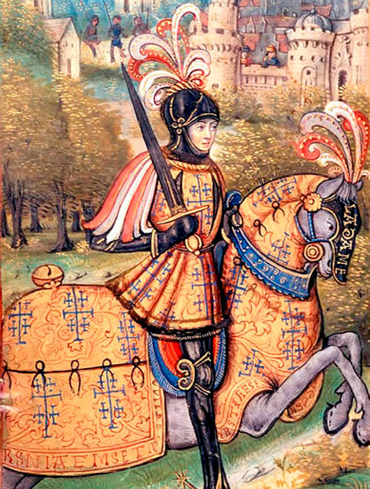 
        Heros. Enluminure ornant le manuscrit de la << Nanceide >>, de Pierre de Blarru (debut du XVIe siecle), representant le duc de Lorraine Rene II defendant les murailles de Nancy contre l'assaut de Charles le Temeraire, duc de Bourgogne.