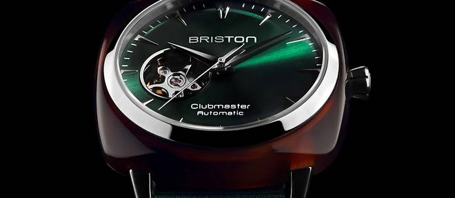Briston Clubmaster Iconic Open. Boitier 40 mm ecaille de tortue, mouvement automatique, cadran vert ouvert, bracelet NATO.
 