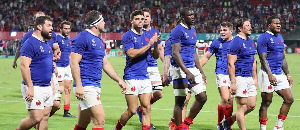 Members of France celebrate after winning the Rugby World Cup Pool C match against Tonga at Kumamoto Stadium in Kumamoto City, Kumamoto Prefecture on October 6, 2019. France won by 23-21.   ( The Yomiuri Shimbun ), Members of France celebrate after winning the Rugby World Cup Pool C match against Tonga at Kumamoto Stadium in Kumamoto City, Kumamoto Prefecture on October 6, 2019. France won by 23-21. ( The Yomiuri Shimbun )