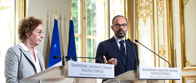 Muriel Penicaud et Edouard Philippe presentent la modification des regles d'indemnisation du chomage, le 18 juin, a Matignon.
