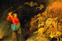 
David Ryckaert III (1612-1661),  Dulle Griet,  vieille femme du folklore flamand, combattant une armée de créatures démoniaques, vers 1651-1659 (détail). 