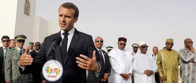 Le president Macron, le 2 juillet 2018, a Nouackchott (Mauritanie), en presence de ses homologues du G5 Sahel. 
