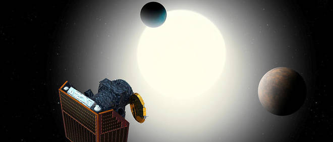 Vue artistique du satellite Cheops avec, en arriere-plan, un systeme d'exoplanetes. 
