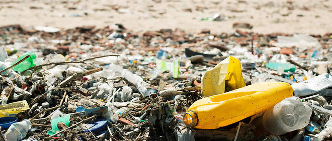 Dechets plastiques echoues sur une plage. La France est en retard sur les objectifs europeens de taux de collecte du plastique.
