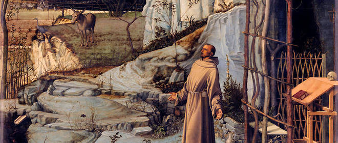 Saint Francois au desert, peinture de Giovanni Bellini, vers 1485.  New York, Frick collection.

