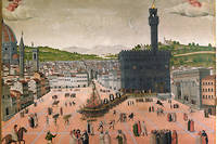 Devant la masse de la Seigneurie, on brûle le cadavre du dominicain Savonarole le 23 mai 1498. Anonyme.  Détrempe sur bois. 1,04 x 1,18 m.
