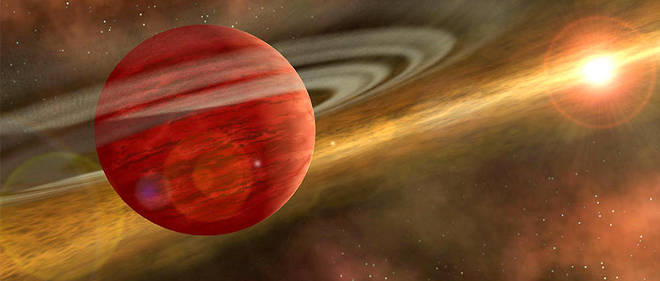 Vue d'artiste d'une planete geante gazeuse en orbite autour d'une jeune etoile.
