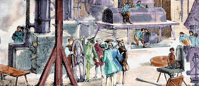 Presentation des machines a vapeur a des visiteurs dans une usine de Londres, gravure colorisee du XIXe siecle.  
