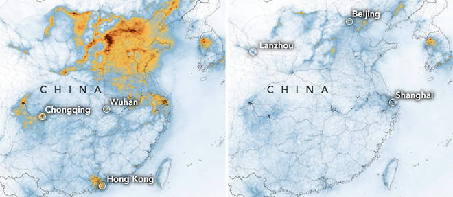 Carte creee par la Nasa a partir des donnees du satellite Sentinel-5 de l'ESA montrant les concentrations en dioxyde d'azote en Chine, en janvier et fevrier 2020. 

