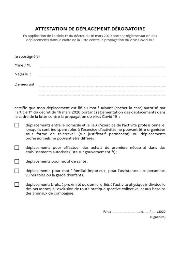 Coronavirus : voici l'attestation obligatoire à remplir pour vous déplacer