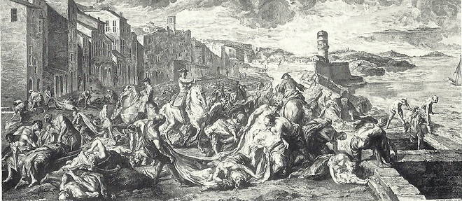 Ensevelissement de cadavres par les forcats, gravure de Thomassin.
