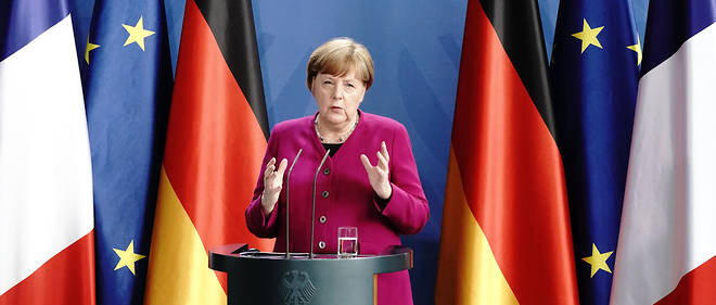 Angela Merkel, la chanceliere d'Allemagne, lors de sa conference de presse commune par video avec le president francais Emmanuel Macron lundi.
