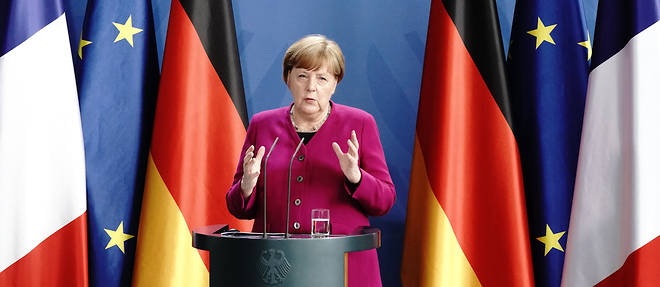 Angela Merkel, la chanceliere d'Allemagne, lors de sa conference de presse commune par video avec le president francais Emmanuel Macron lundi.
