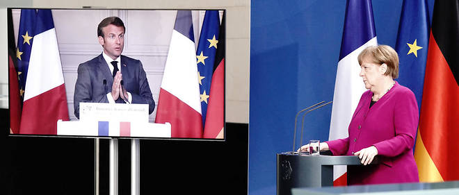 Angela Merkel et Emmanuel Macron lors de leur conference de presse commune le 18 mai.
