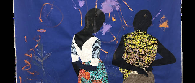 << Avenir >>, 157,5x119,5cm, impression a la cire africaine, acrylique, marqueur et fils sur toile par Raphael Adjetey Adjei Mayne .
