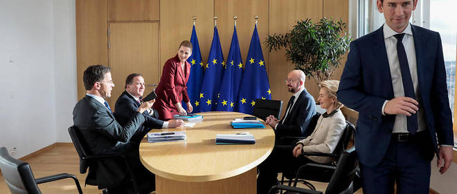 Les representants des << frugal >> (Pays-Bas, Autriche, Suede, Danemark) face a Ursula von der Leyen et Charles Michel.
