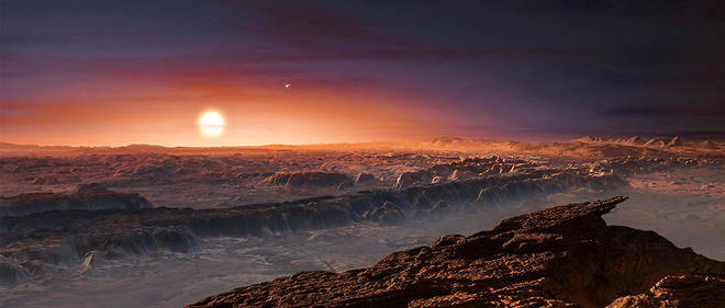 Vue artistique de la surface de l'exoplanete Proxima b en orbite autour de l'etoile la plus proche du Soleil, Proxima du Centaure. 

