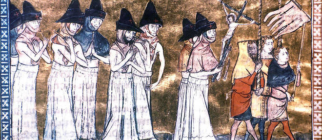 Cortege de flagellants pendant une epidemie de peste noire, enluminure d'un manuscrit flamand, XIVe siecle.
