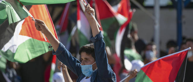 Un Palestinien brandit le drapeau national lors d'une manifestation contre le projet d'annexion par Israel d'une partie de la Cisjordanie, le 27 juin, dans la vallee du Jourdain.
