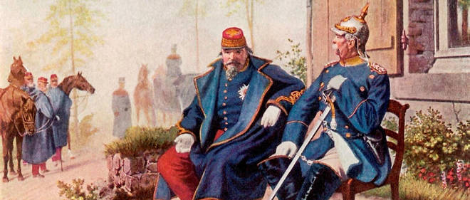 Napoleon III (1808-1873) en conversation avec le prince Otto von Bismarck (1815-1898), ministre-president du royaume de Prusse, a Donchery, pres de Sedan, le 2 septembre 1870, apres qu'il eut capitule, mettant fin a la guerre franco-prussienne. (Dessin du XIXe siecle.)
