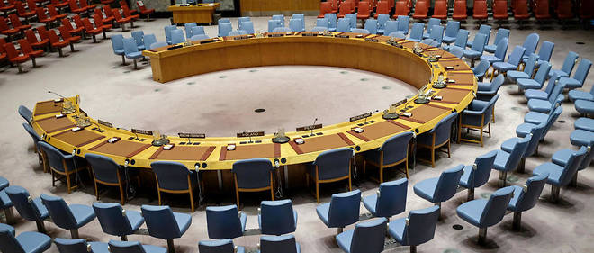 Les chaises vides du Conseil de securite de l'ONU (New York), en janvier 2018, avant une reunion concernant la question du nucleaire en Iran.
