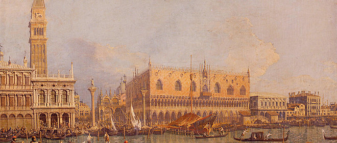 Venise (Vue du palais ducal, peinture de Canaletto, XVIIIe siecle) put prosperer grace a son systeme oligarchique mercantile, relativement ouvert par rapport a celui d'une Cite-Etat aristocratique comme Milan.
