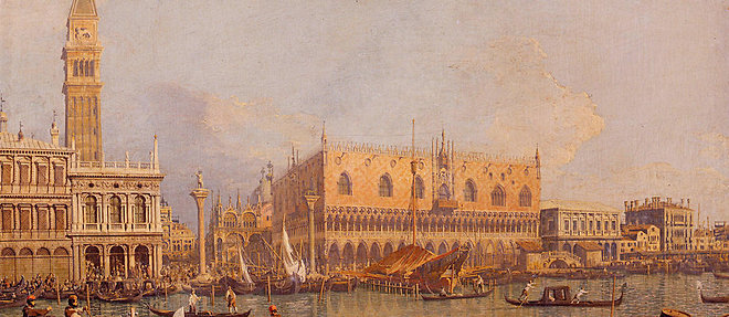 Venise (Vue du palais ducal, peinture de Canaletto, XVIIIe siecle) put prosperer grace a son systeme oligarchique mercantile, relativement ouvert par rapport a celui d'une Cite-Etat aristocratique comme Milan.
