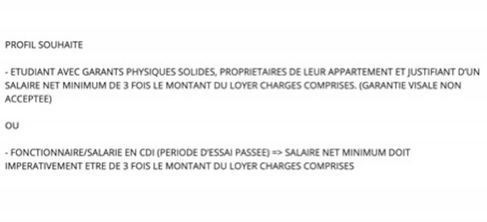 <span>Une annonce de logement sur Le Bon Coin qui impose des garants propriétaires et refuse la garantie d’État Visale.</span>
 ©  Capture d'écran