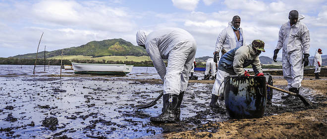Des volontaires nettoient la cote apres l'echouage du petrolier a l'ile Maurice.
