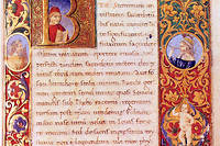 Marsilio Ficino, dit en francais Marsile Ficin (1433 - 1499) philosophe et humaniste italien. Première page d'un manuscrit miniaturé « De Triplici Vita », écrit en latin et dédié à Lorenzo le Magnifique faisant partie de sa bibliotheque, XV e  siècle. Dans la lettrine « B », le portrait de l'auteur. 
