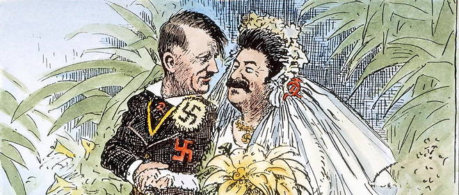 Caricature britannique evoquant le pacte germano--sovietique en 1939 : << Combien de temps va durer leur lune de miel ? >>  
