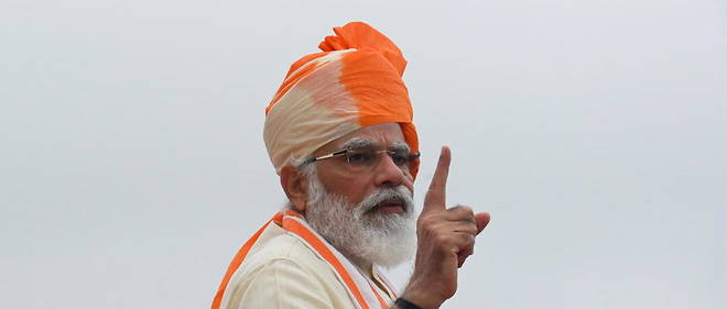 Le Premier ministre indien, Narendra Modi, lors des celebrations du 74e anniversaire de l'independance, a New Delhi, le 15 aout 2020.
