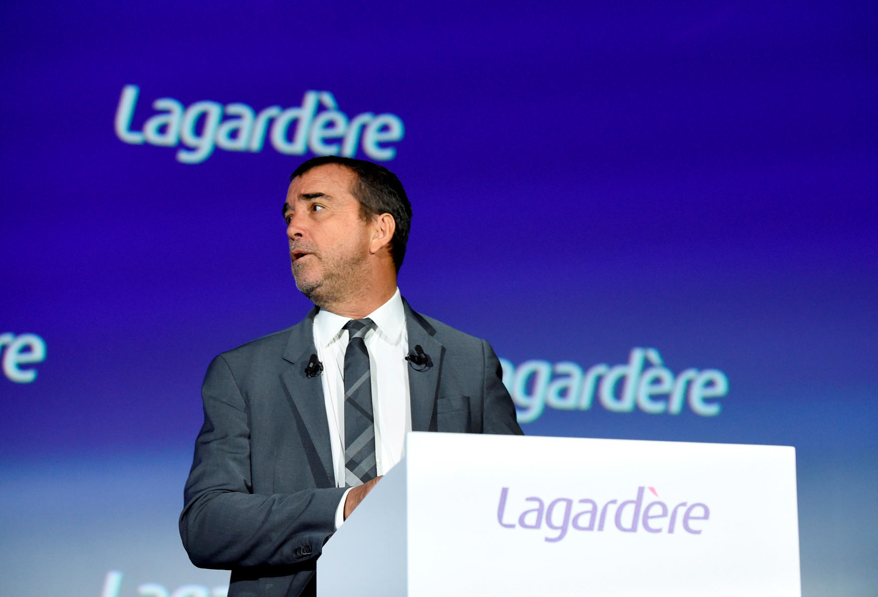 French media group Lagardere General and Managing Partner Arnaud Lagardere addresses the group's general meeting on May 10, 2019 in Paris. (Photo by ERIC PIERMONT / AFP)