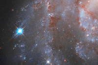 Reperee pour la premiere fois en janvier 2018 par un astronome amateur, voici - tres brillante a gauche - la supernova  SN2018gv observee dans la galaxie NGC 2525 par le telescope Hubble de fevrier 2018 a fevrier 2019.
