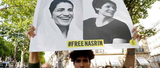Manifestation de soutien a l'avocate anti-voile Nasrin Sotoudeh devant l'ambassade d'Iran a Paris, le 13 juin 2019.
