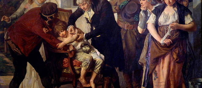 << La premiere vaccination d'Edward Jenner (1749-1823), medecin britannique qui decouvrit le vaccin contre la variole >> Peinture de Gaston Melingue (1840-1914), 1796 Paris, Academie de medecine
