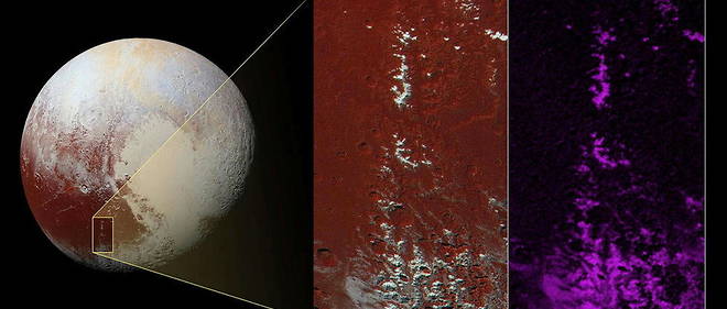 Sur la planete naine Pluton qui recele encore des mysteres, une chaine de montagnes enneigees (dans le cadre a droite) ressemble aux Alpes mais en apparence seulement.
