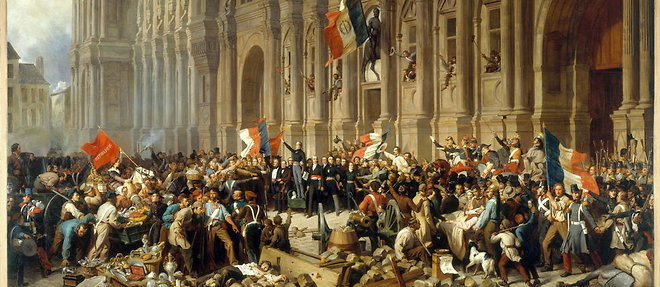 << Lamartine repoussant le drapeau rouge devant l'Hotel de Ville, le 25 fevrier 1848 >>, d'Henri-Felix Emmanuel Philippoteaux.
