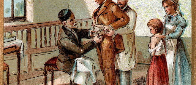 Louis Pasteur administrant une vaccination contre la rage, annees 1880. Chromolithographie du debut du XXe siecle. 
