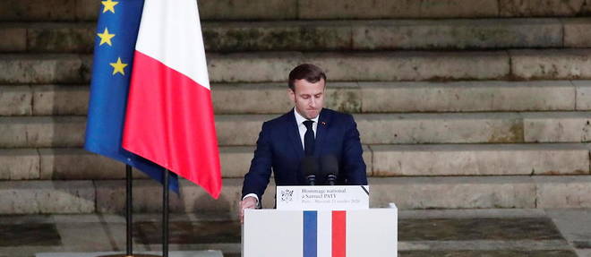 Emmanuel Macron lors de son discours a la Sorbonne en hommage a Samuel Paty.
