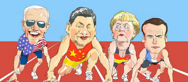 Joe Biden (Amerique), Xi Jinping (Asie), Angela Merkel et Emmanuel Macron (Europe) dans les starting-blocks de la course post-Covid (de g. a dr.). 
