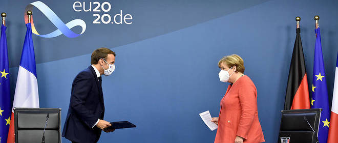 Angela Merkel et Emmanuel Macron le 21 juillet 2020, a Bruxelles.
