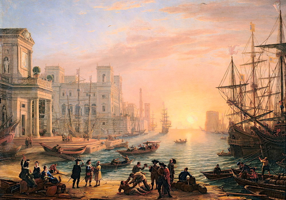 
        Phares. << Port de mer au soleil couchant >> (1639), de Claude Gelee dit << Le Lorrain >>. Arrive tres jeune a Rome, etourdi par la lumiere du sud, le Francais se revele etre un coloriste de genie.
