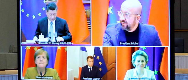 Videoconference entre Xi Jinping, Charles Michel, Angela Merkel, Emmanuel Macron et Ursula von der Leyen.
